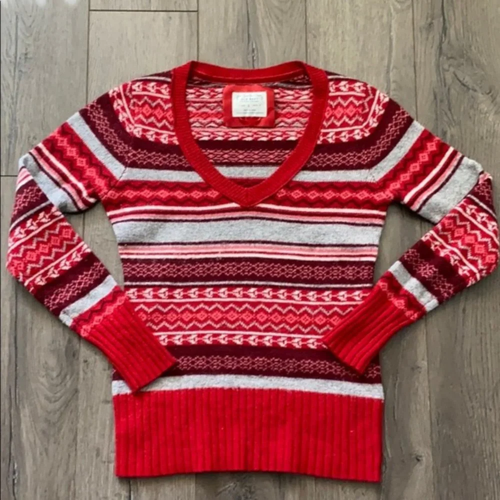 Old Navy Girls Red Fair Isle V-Neck Long Sleeve Sweater Sz SM